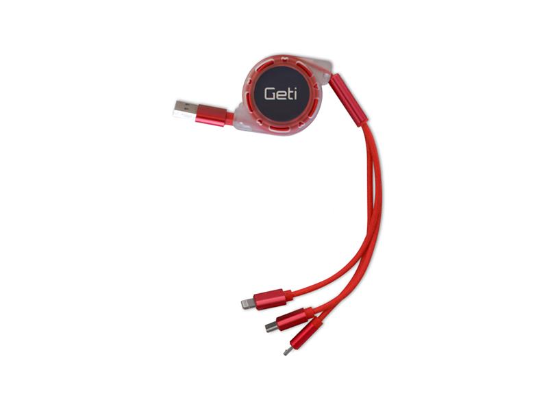 Kábel Geti GCU 02 USB 3v1 červený samonavíjaci