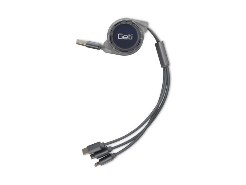 Kábel Geti GCU 04 USB 3v1 strieborný samonavíjaci
