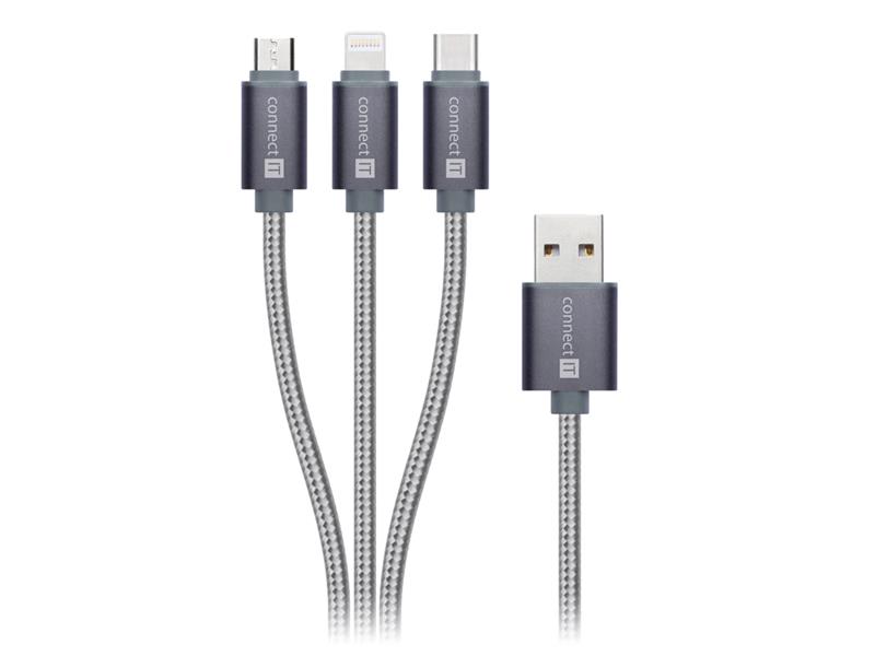 Kabel CONNECT IT Wirez 3in1 USB-C and Micro USB and Lightning, silver gray, 1,2 m